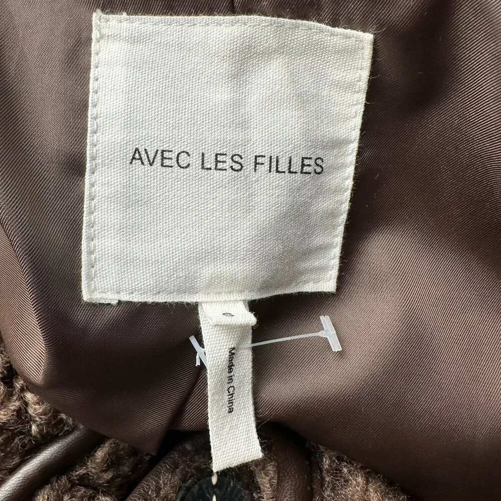 Avec Les Filles Faux Shearling Teddy Coat w/ Faux Leather Trim, Size S, Espresso